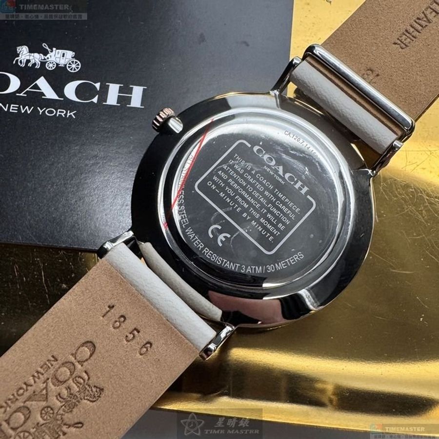 COACH手錶,編號CH00249,36mm銀圓形精鋼錶殼,銀白色簡約, 中二針顯示錶面,白真皮皮革錶帶款,立體感十足!-6