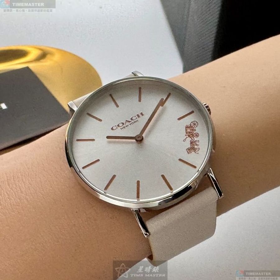 COACH手錶,編號CH00249,36mm銀圓形精鋼錶殼,銀白色簡約, 中二針顯示錶面,白真皮皮革錶帶款,立體感十足!-8