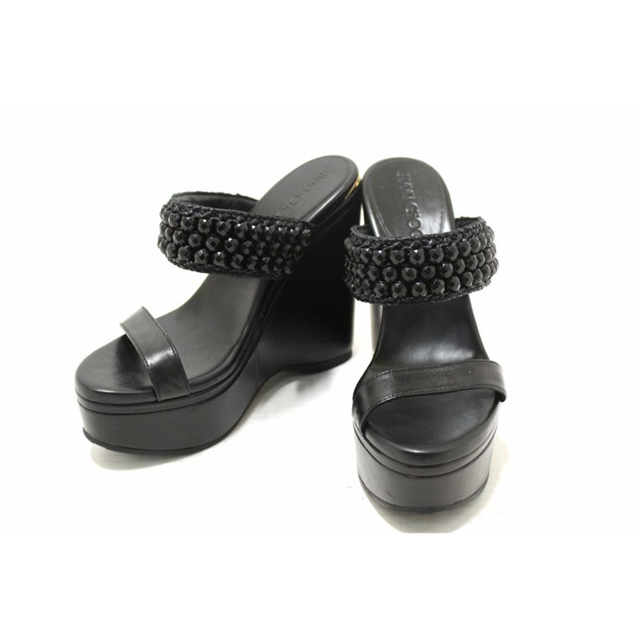 Jimmy Choo Black Leather Amoure Beaded Wedge Sandals Shoes Size 37-2