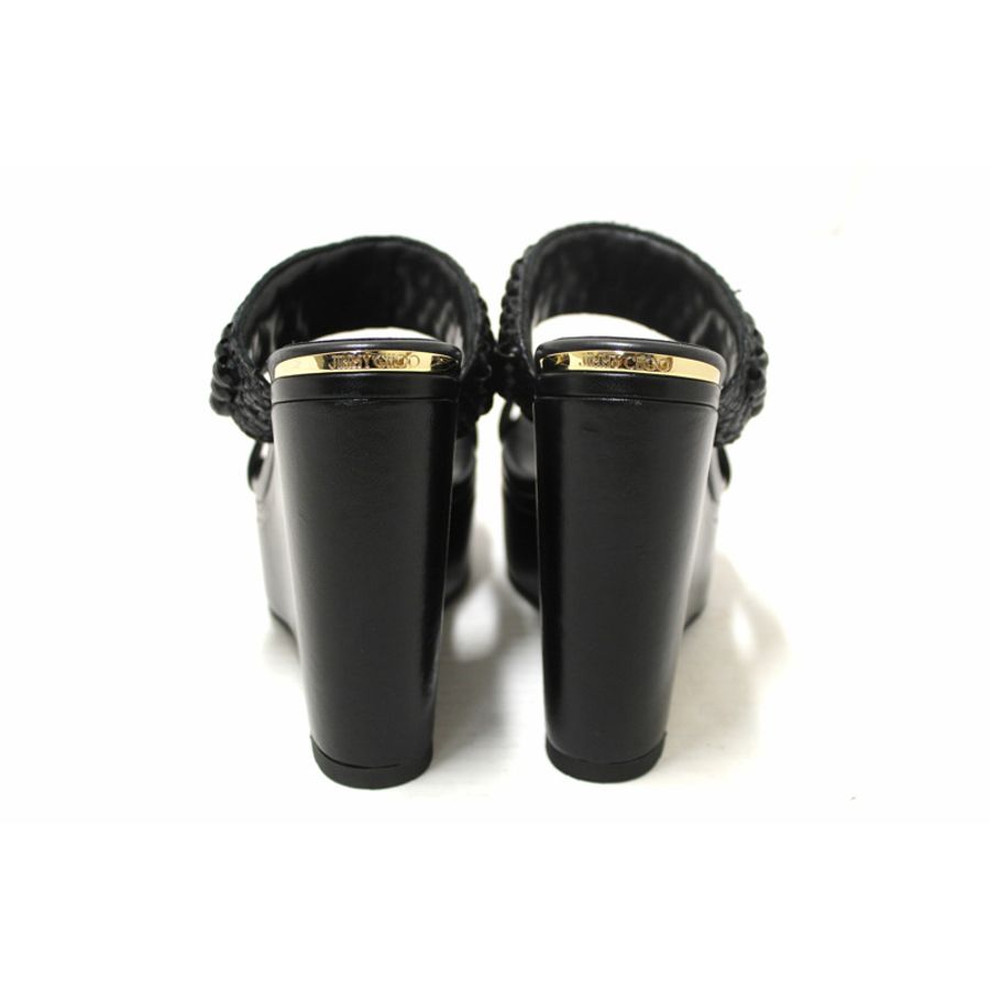 Jimmy Choo Black Leather Amoure Beaded Wedge Sandals Shoes Size 37-4