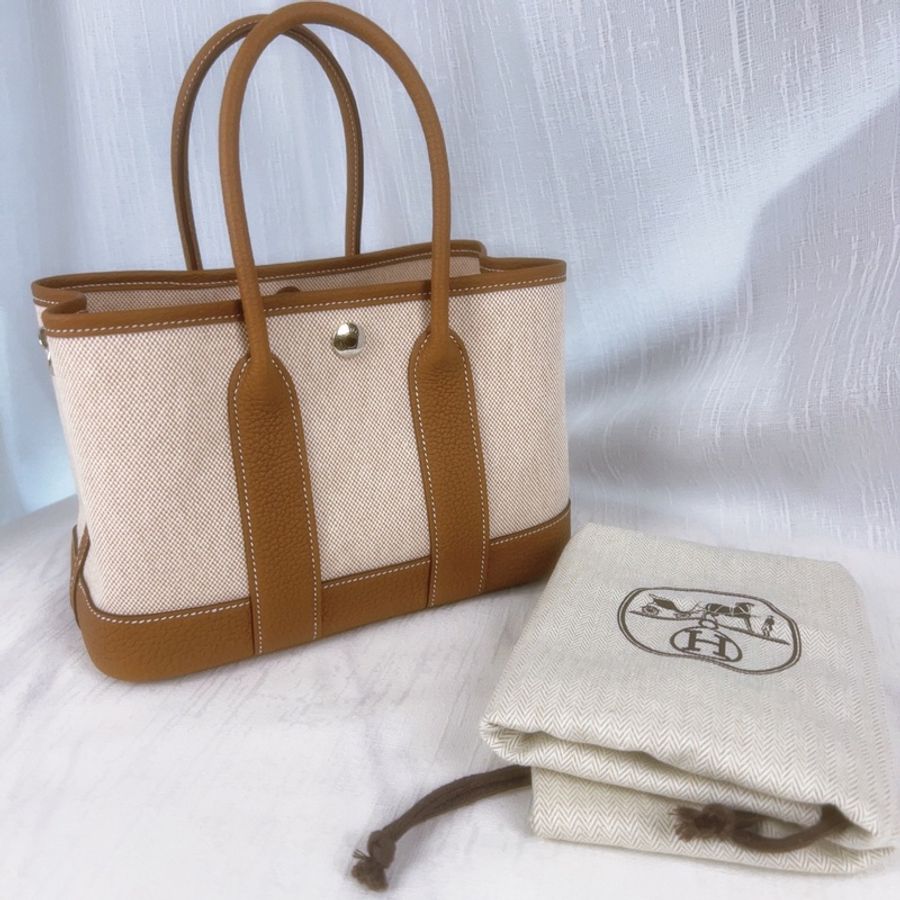 全新 愛馬仕/Hermes mini garden party 金棕配米 银扣 k刻度-0