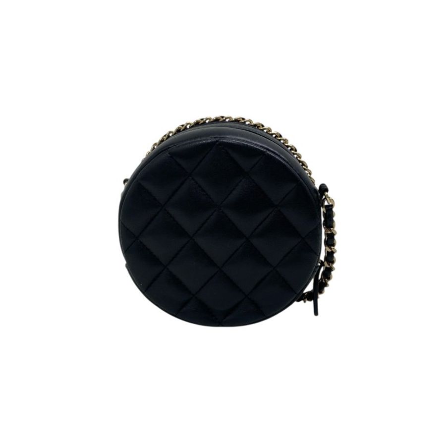 【CHANEL】黑色 Lambskin 金扣 滾邊設計 小圓餅包 Chain Shoulder(二手)H0029-1