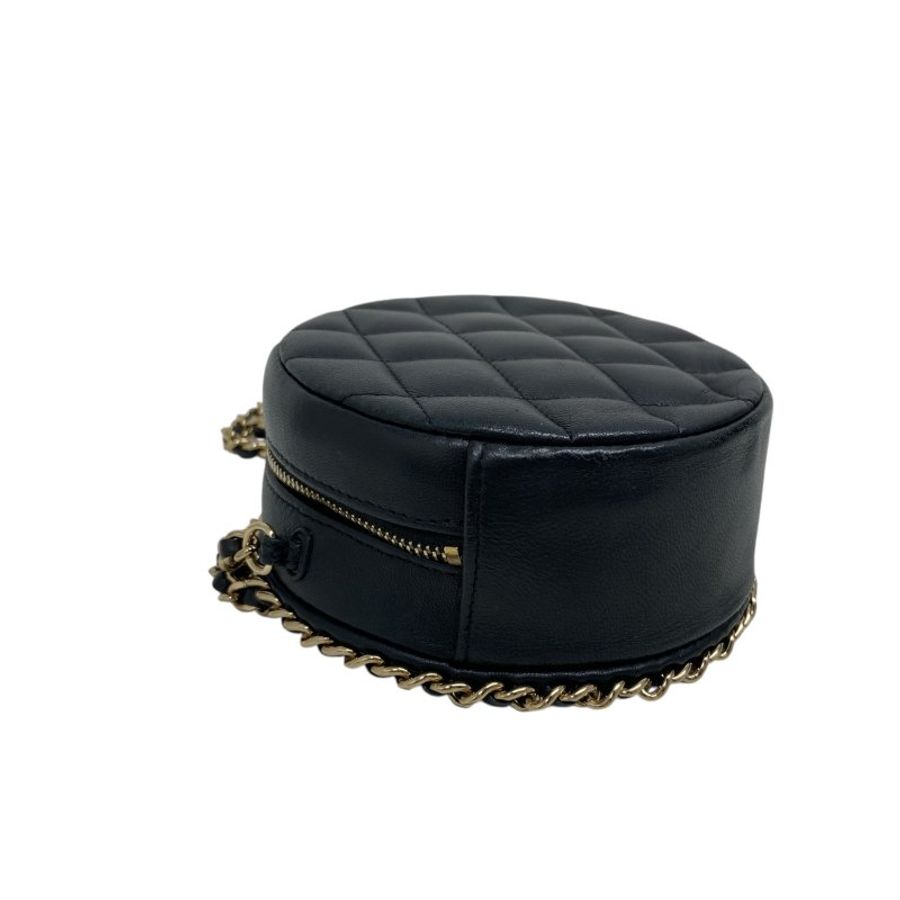 【CHANEL】黑色 Lambskin 金扣 滾邊設計 小圓餅包 Chain Shoulder(二手)H0029-7