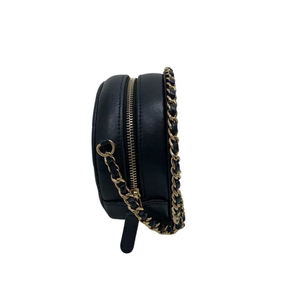 【CHANEL】黑色 Lambskin 金扣 滾邊設計 小圓餅包 Chain Shoulder(二手)H0029-9