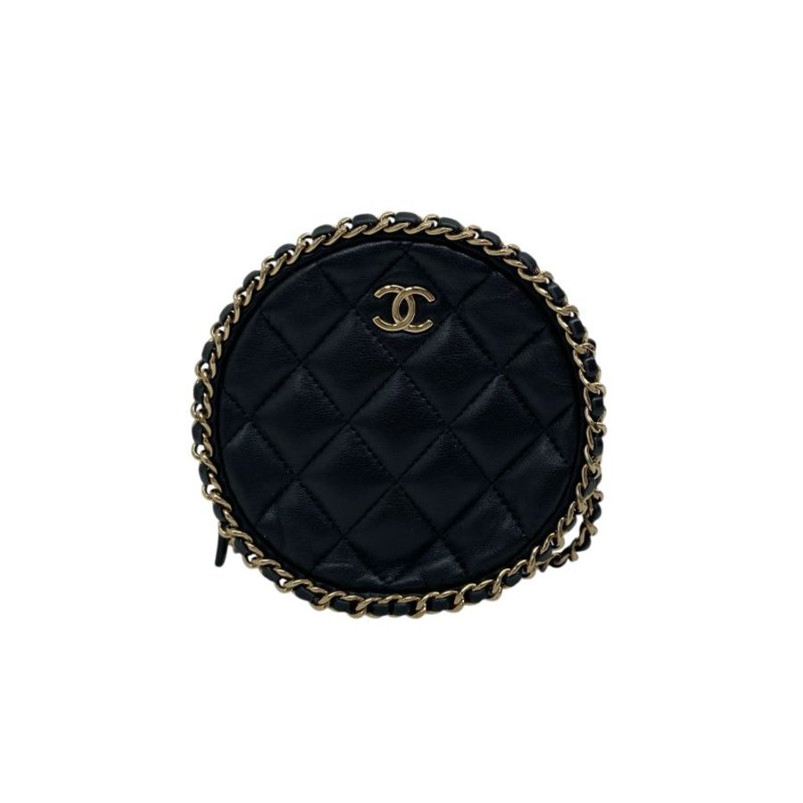 【CHANEL】黑色 Lambskin 金扣 滾邊設計 小圓餅包 Chain Shoulder(二手)H0029-10