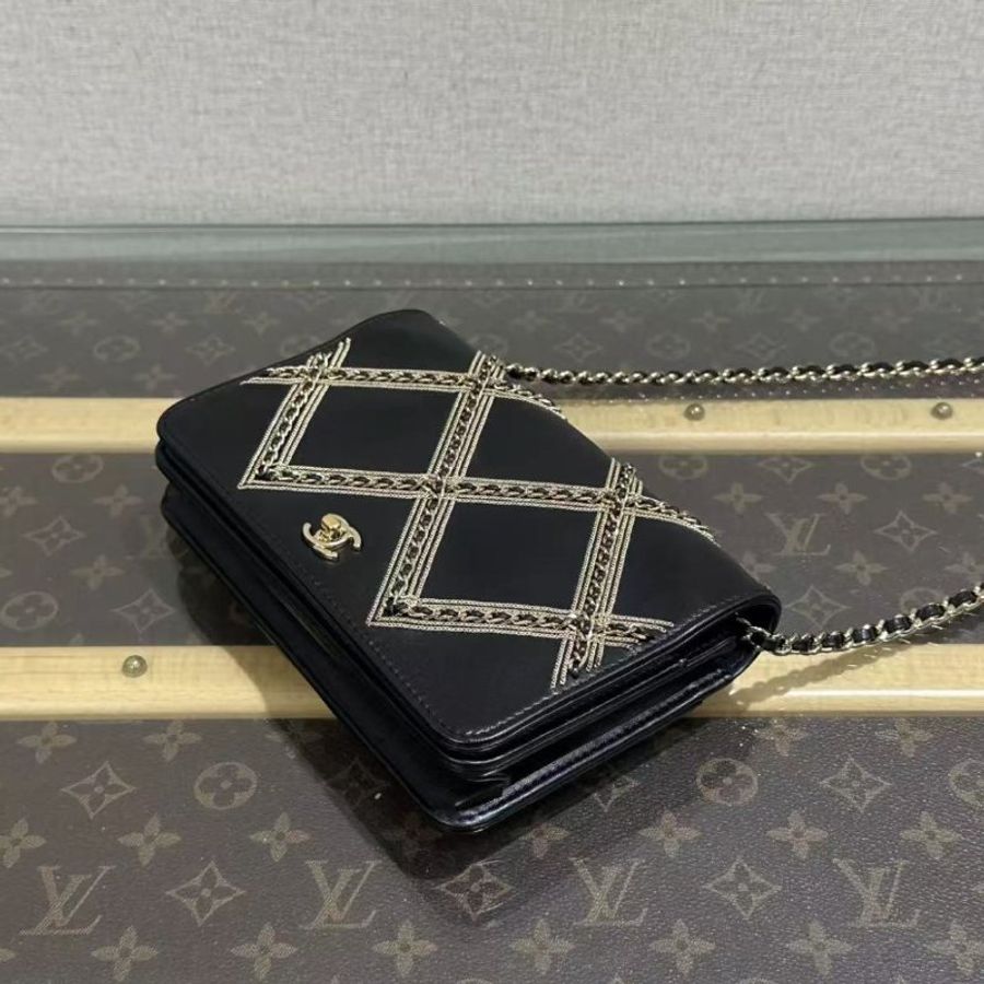 ✨CHANEL 22P黑金皮穿鏈菱格紋woc鍊條包19*12*4 98新配件盒子塵袋購證-2
