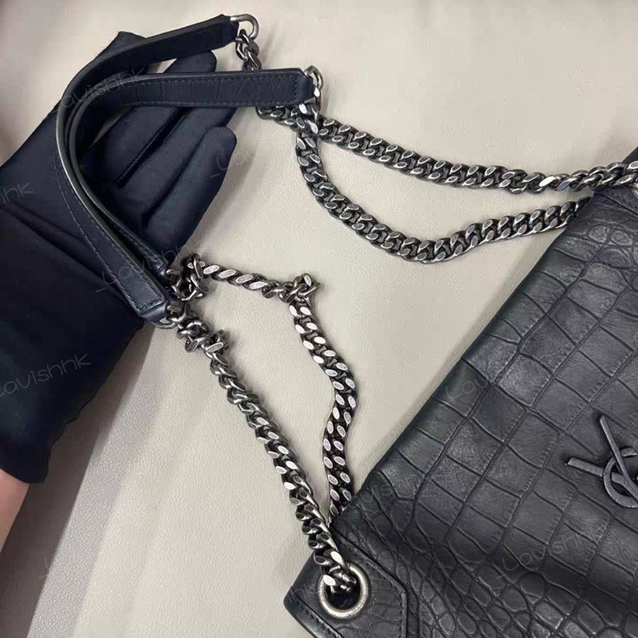 YSL Niki黑色磨砂 麂皮鰐壓紋 中號-6