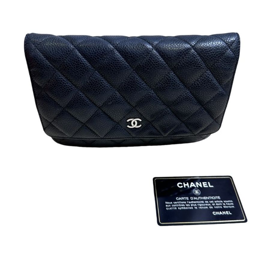 【CHANEL】Caviar 魚子醬皮革 Wallet On Chain 黑色 金扣 WOC 鍊條錢包（二手）F2373-15