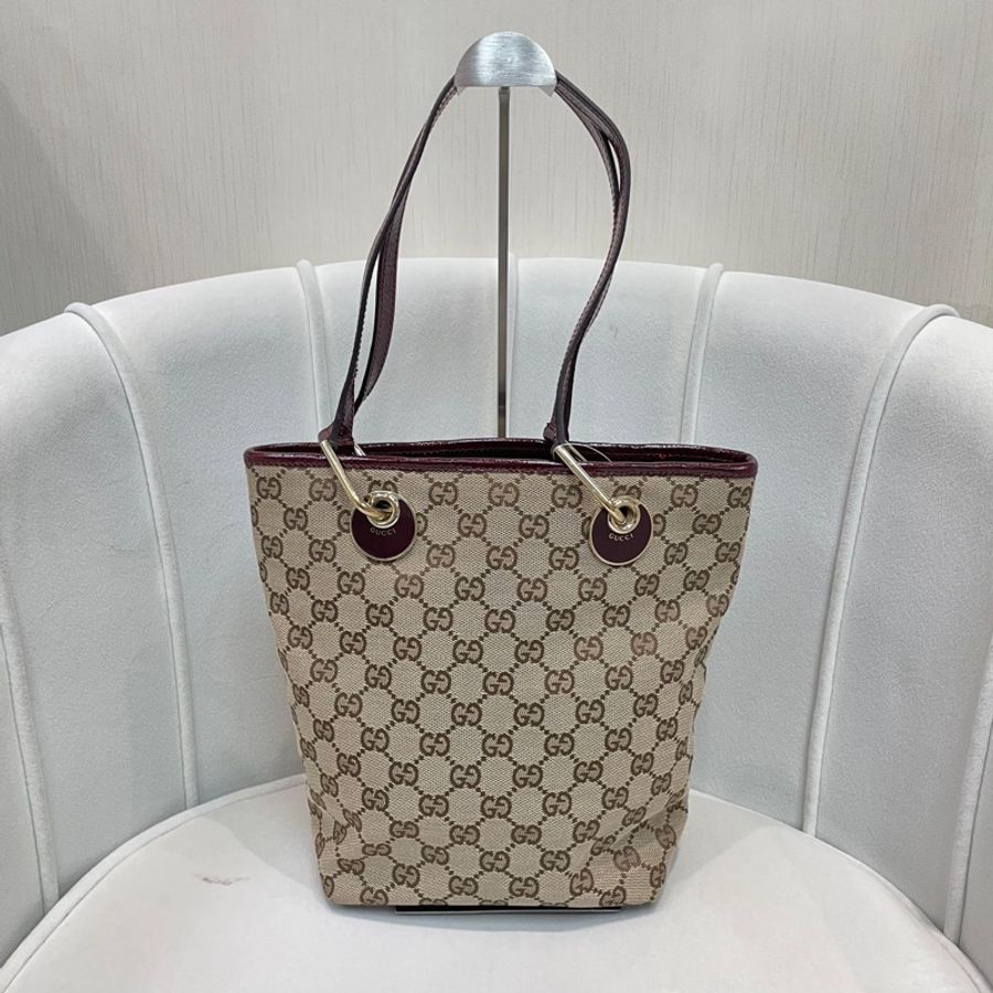 Gucci 古馳 米色老花紅邊手拎包 小Tote Bag X881-1