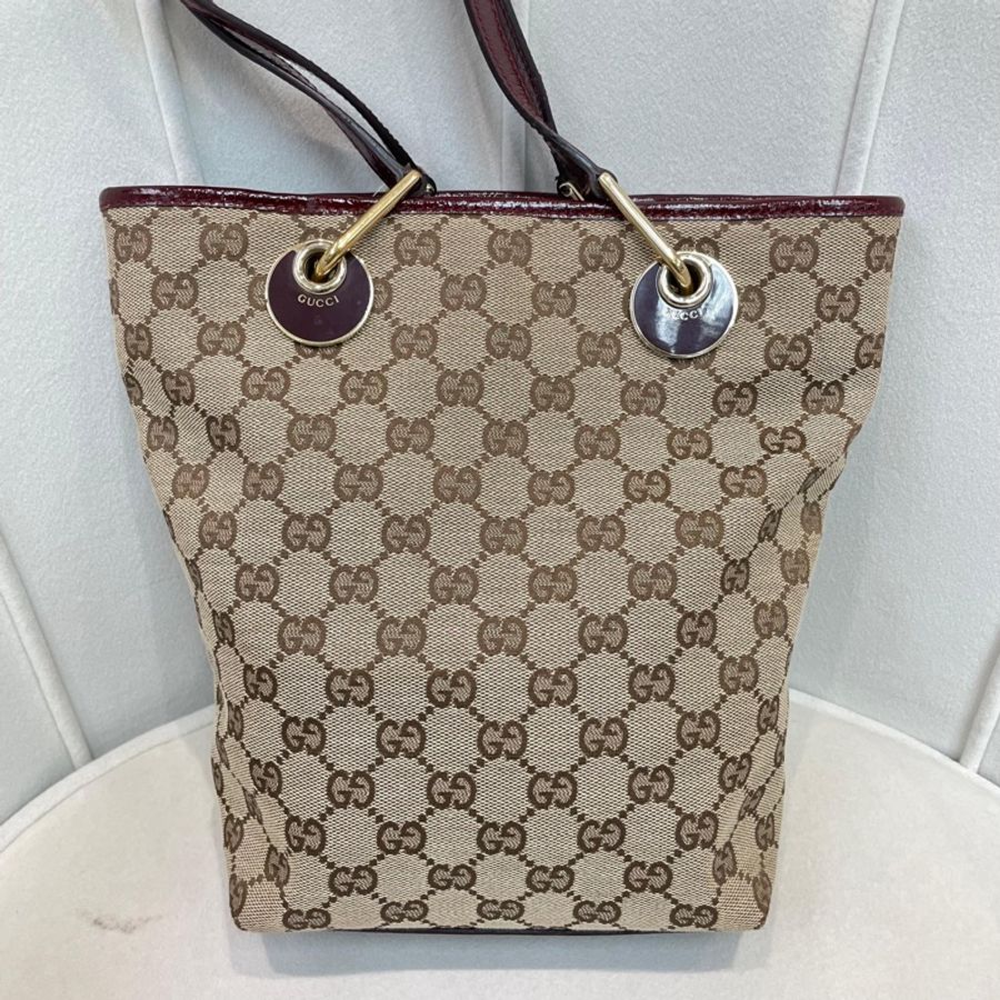 Gucci 古馳 米色老花紅邊手拎包 小Tote Bag X881-2