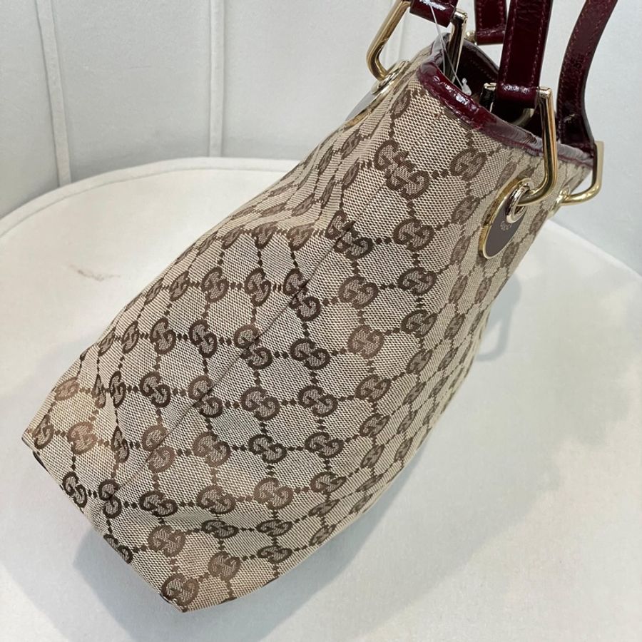 Gucci 古馳 米色老花紅邊手拎包 小Tote Bag X881-4