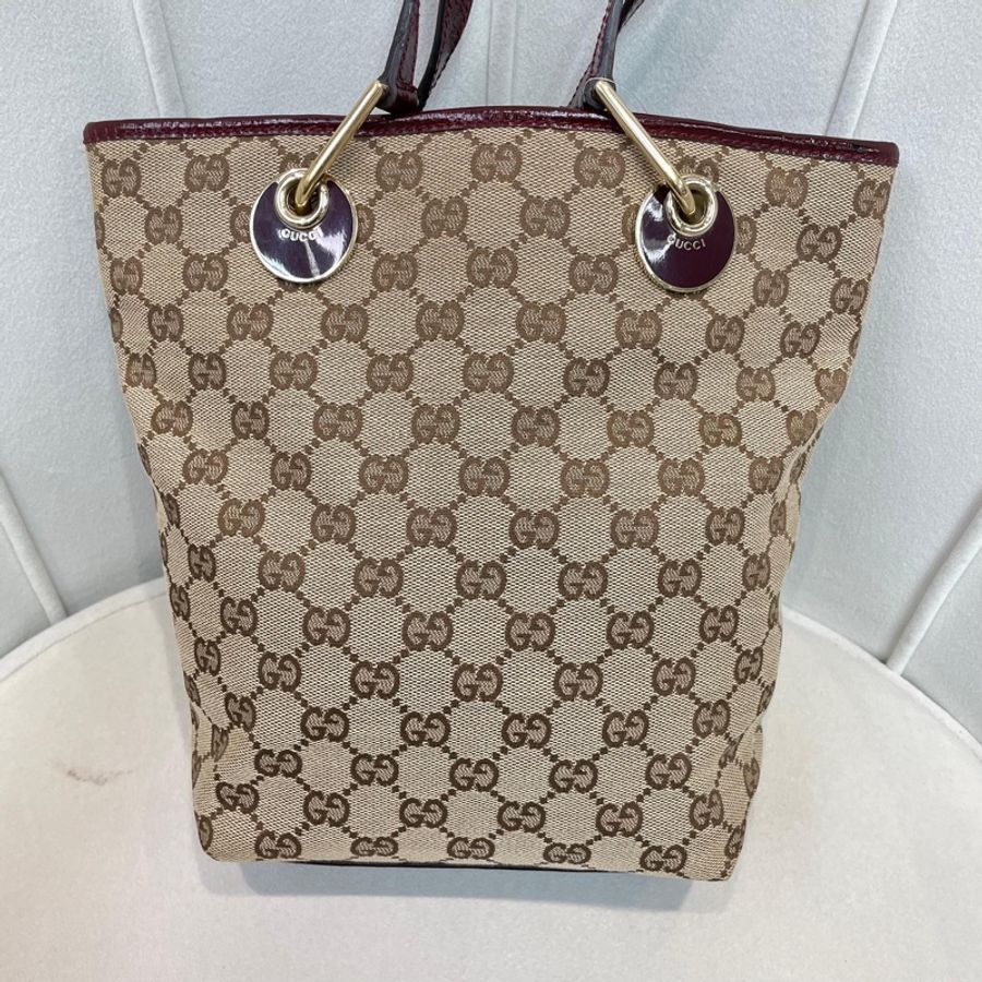 Gucci 古馳 米色老花紅邊手拎包 小Tote Bag X881-10