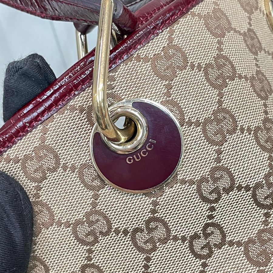Gucci 古馳 米色老花紅邊手拎包 小Tote Bag X881-31