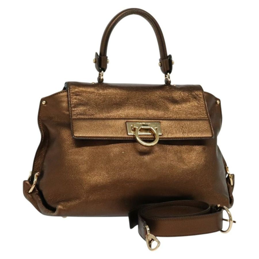 【日本直送】Salvatore Ferragamo Gancini Sofia 手提包 皮革 兩用 棕色 金色 正品 118607-0