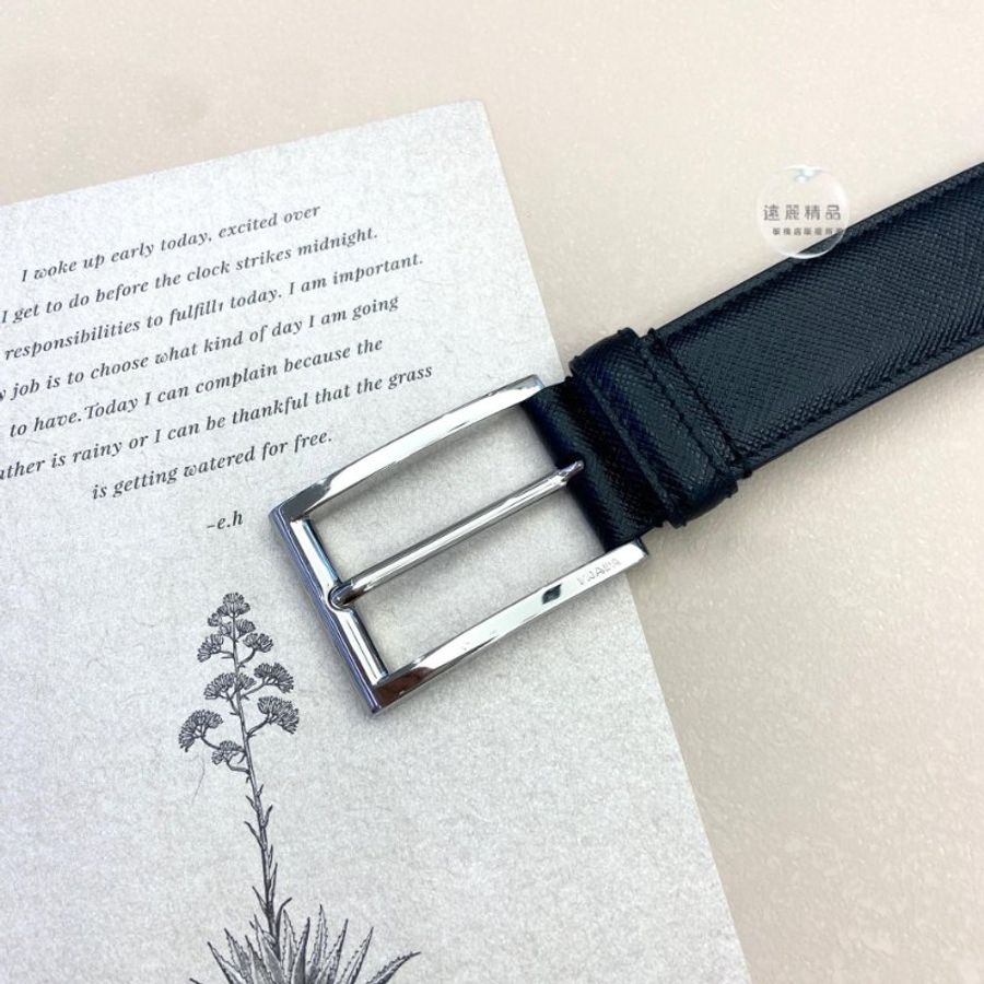PRADA Saffiano黑牛皮銀扣皮帶-0
