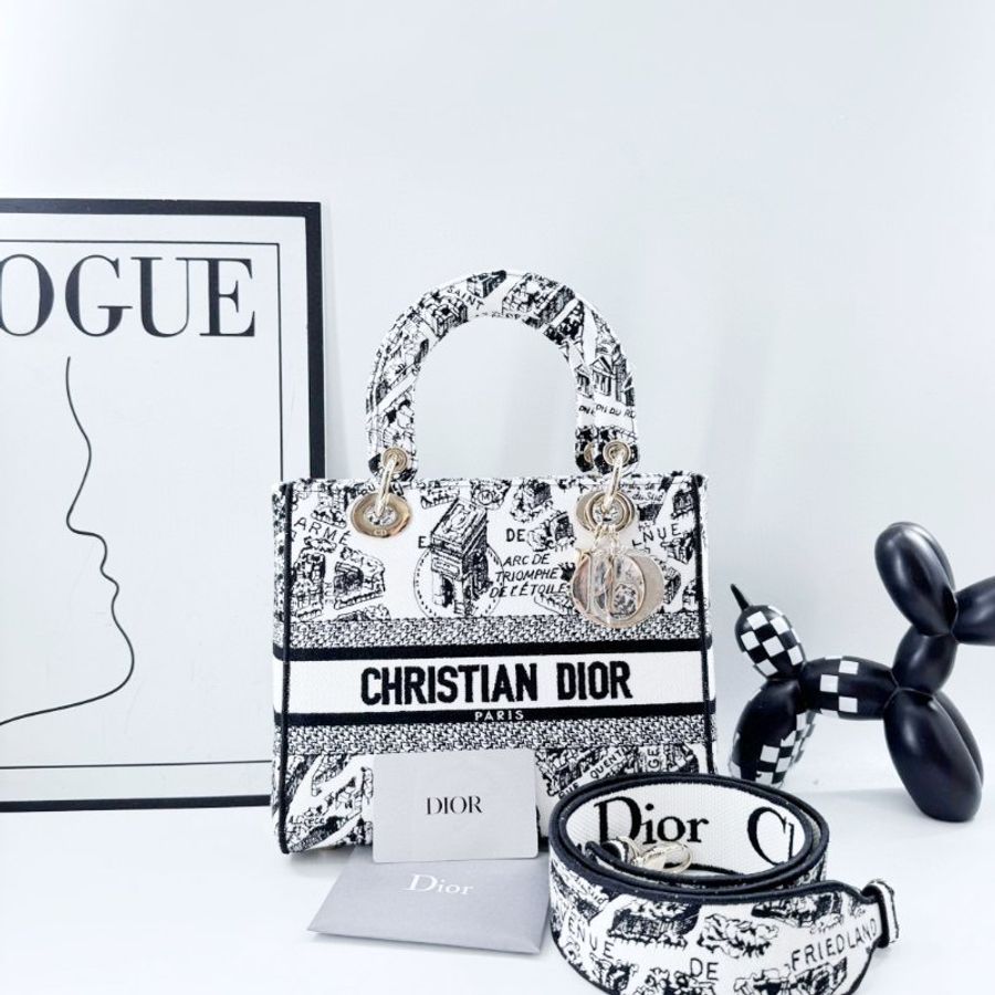 【DIOR】Oblique Canvas Lady Dior 白黑色 金扣 戴妃包(二手)M2184-3