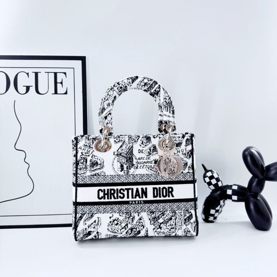 【DIOR】Oblique Canvas Lady Dior 白黑色 金扣 戴妃包(二手)M2184-9