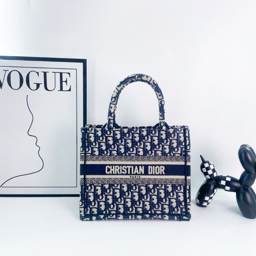 【DIOR】Oblique 藍色刺繡 Book Tote 托特包(二手)M2221-0