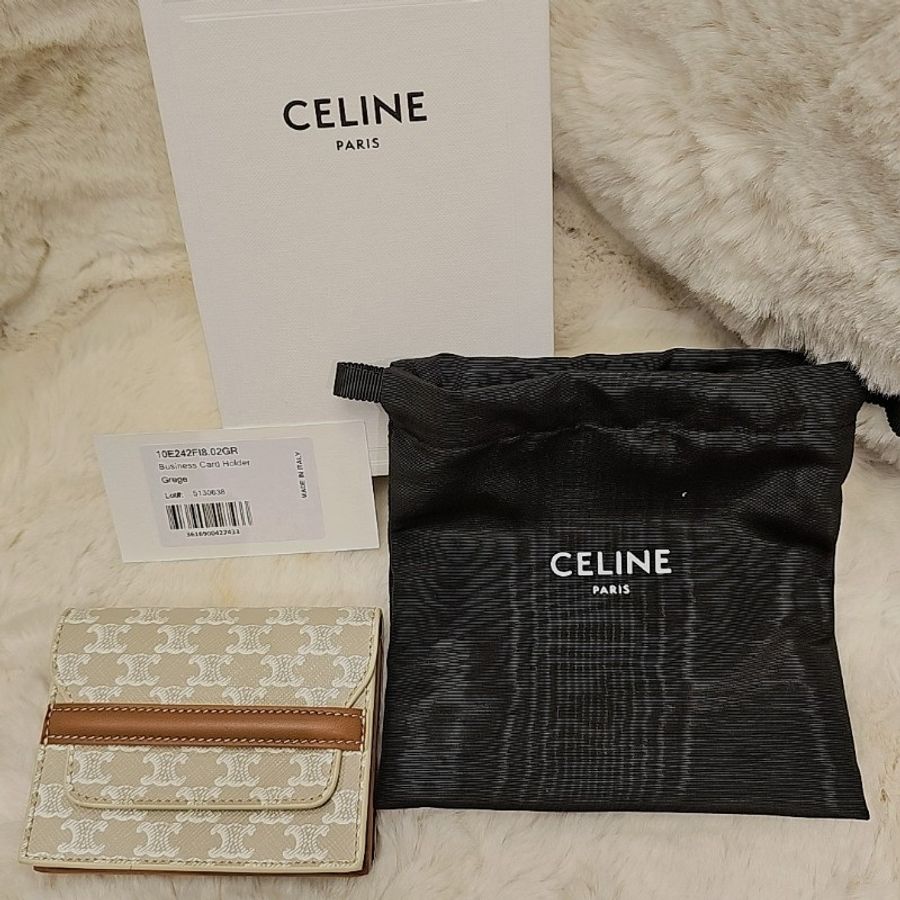 全新 CELINE 凱旋門帆布名片夾 / 卡夾 零錢包(奶油白配駝色)-0