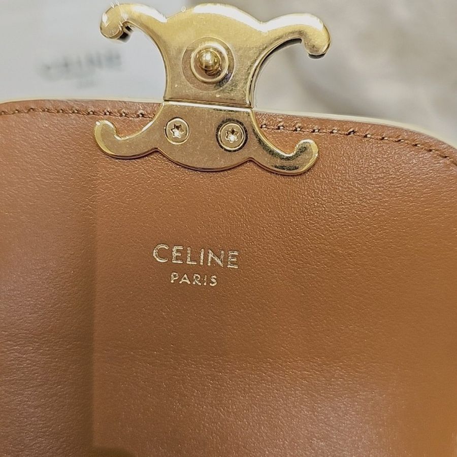 全新 CELINE Triomphe 凱旋門金釦短夾|奶茶色 米白帆布款-8