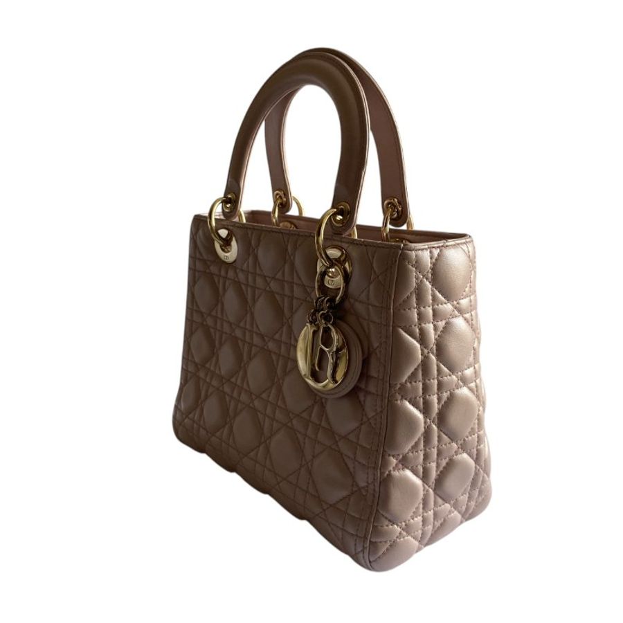 【DIOR】Lady Dior 珠光粉 小牛皮 金扣 戴妃包(二手)K3297-2