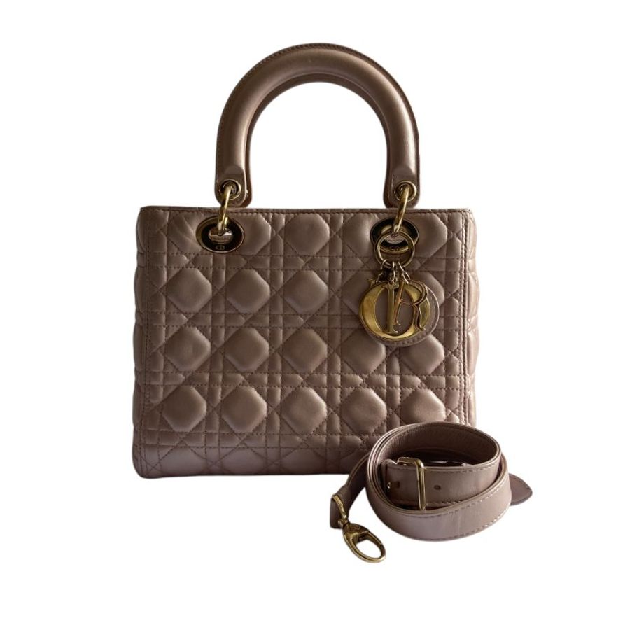 【DIOR】Lady Dior 珠光粉 小牛皮 金扣 戴妃包(二手)K3297-14