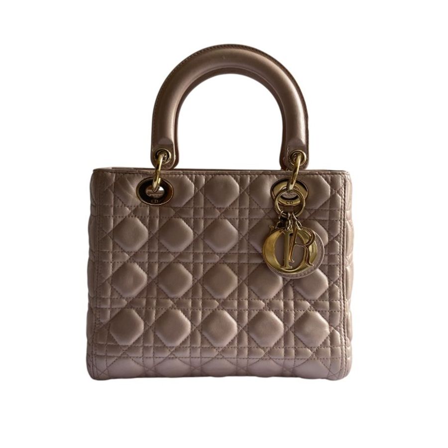 【DIOR】Lady Dior 珠光粉 小牛皮 金扣 戴妃包(二手)K3297-15