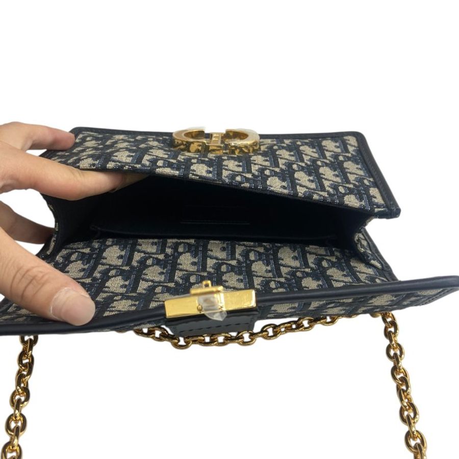 【DIOR】Oblique 藍色刺繡 Montaigne 金扣 蒙田包(二手)M2960-13