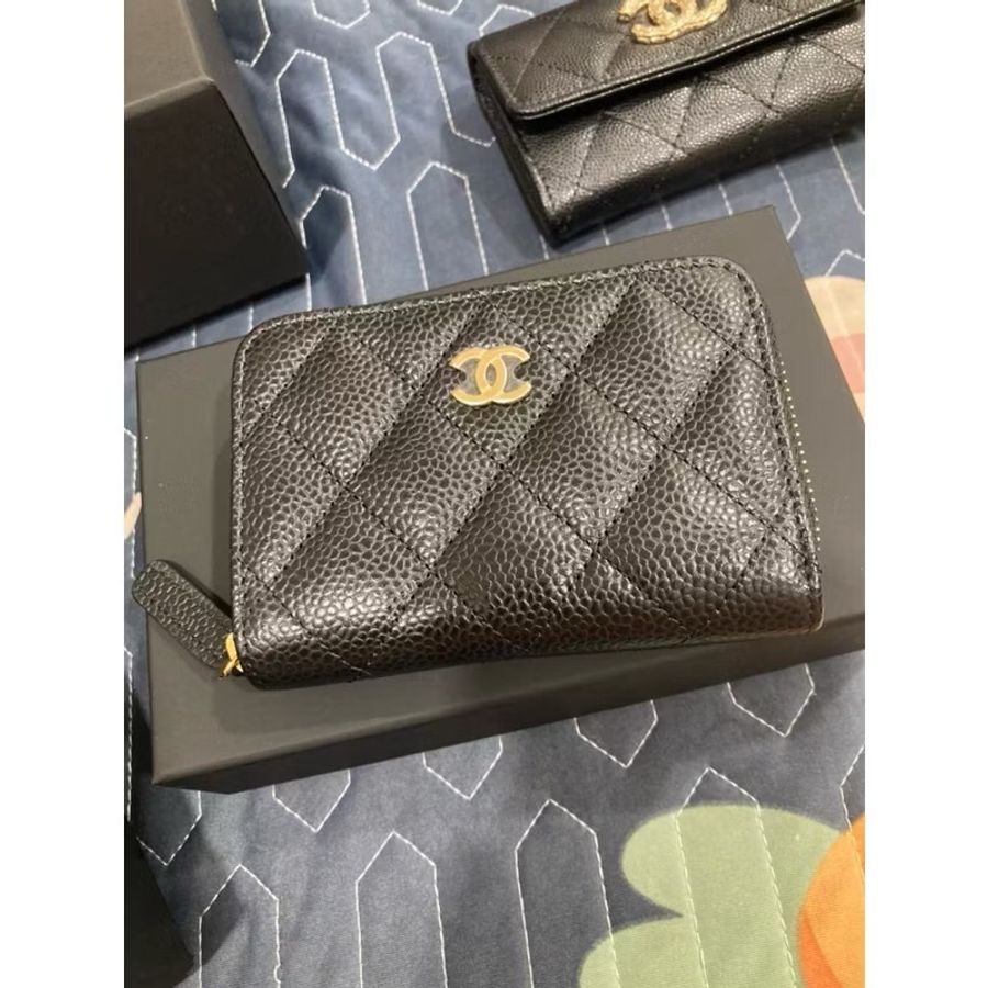 香奈兒chanel 黑色小皮件 金扣 荔枝皮 拉鍊 零錢 卡片 名片包-0