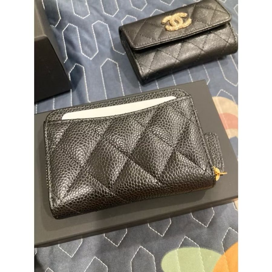 香奈兒chanel 黑色小皮件 金扣 荔枝皮 拉鍊 零錢 卡片 名片包-1