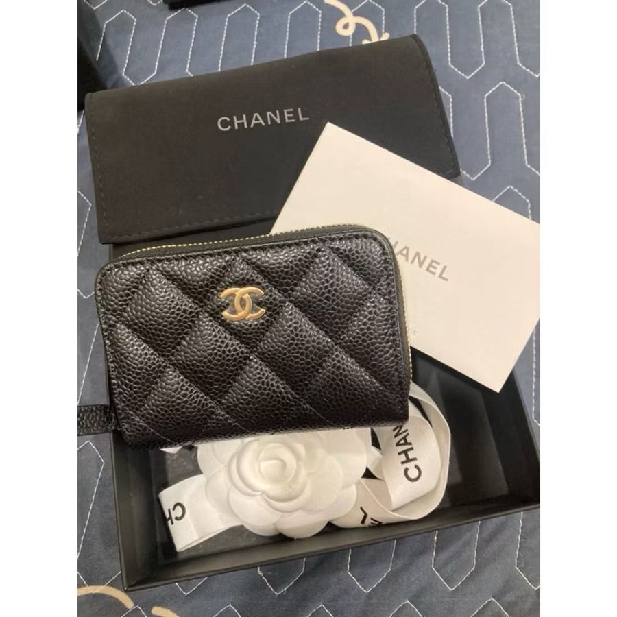 香奈兒chanel 黑色小皮件 金扣 荔枝皮 拉鍊 零錢 卡片 名片包-2