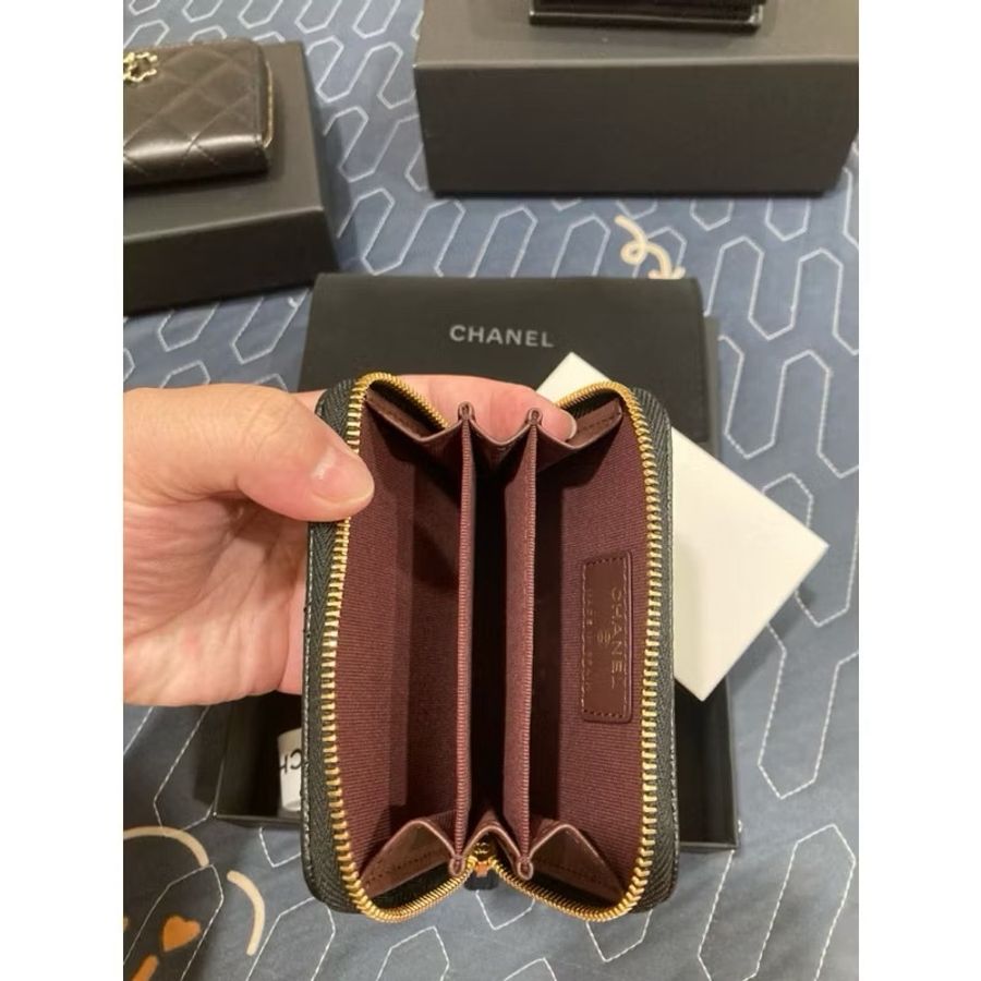 香奈兒chanel 黑色小皮件 金扣 荔枝皮 拉鍊 零錢 卡片 名片包-3