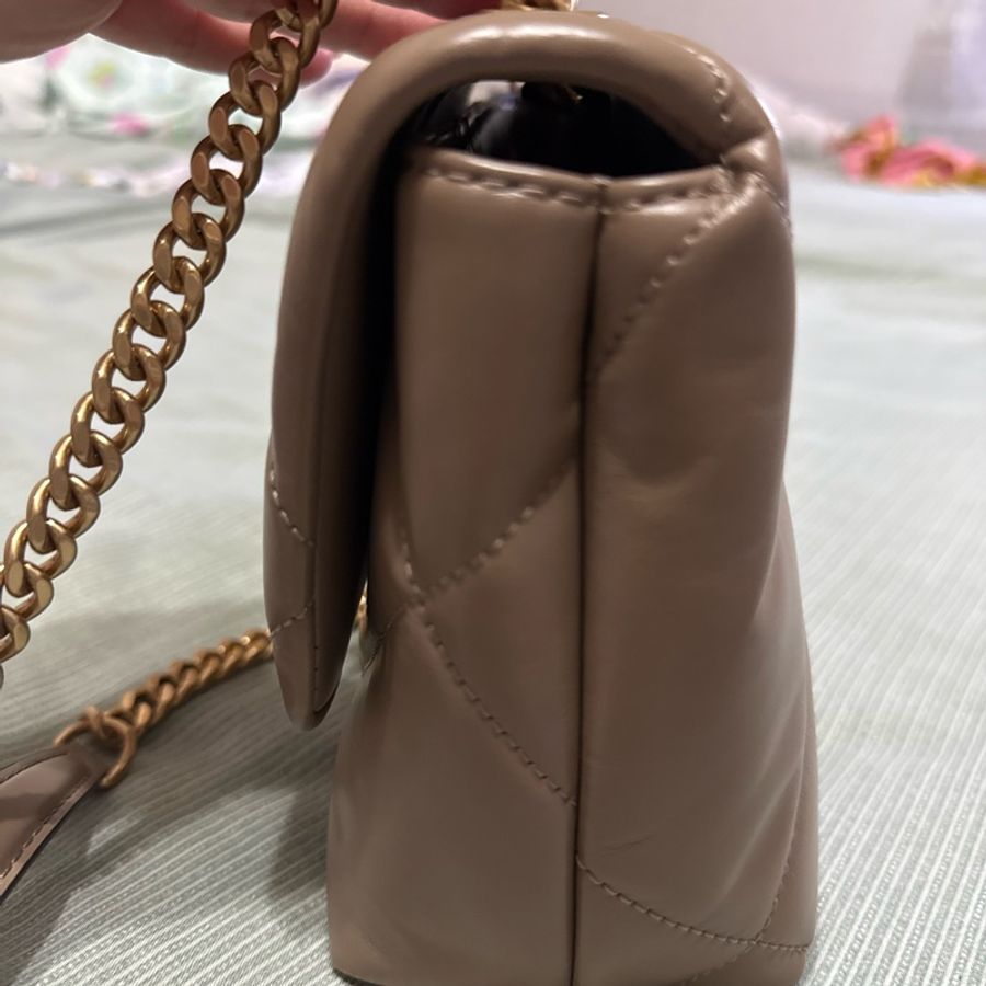 TORY BURCH 專櫃大格紋澎澎皮側背包（灰褐色）22.5cm-3