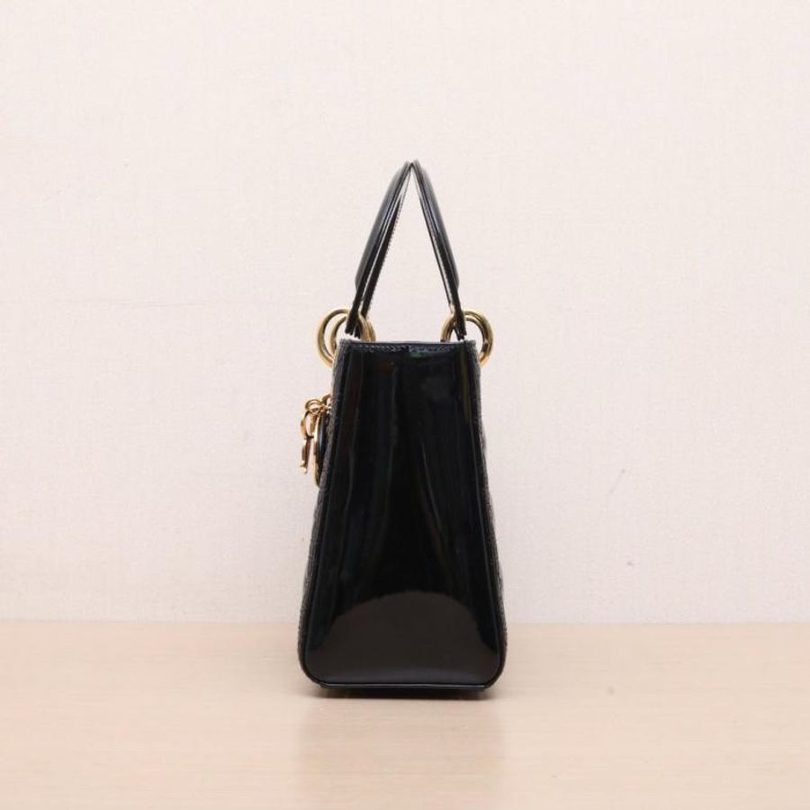 DIOR(迪奧) Lady Dior 戴妃包 五格 黑色 漆皮 金扣 2012-1
