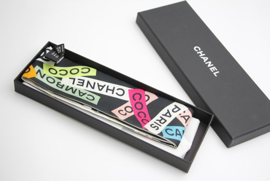 CHANEL 100% Silk Multicolour Coco Mark Scarf-11