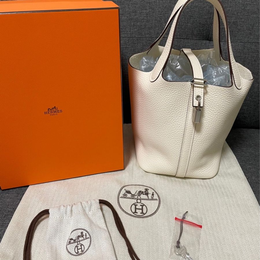 Hermes 愛馬仕Picotin 菜籃子18 奶油白銀扣-0