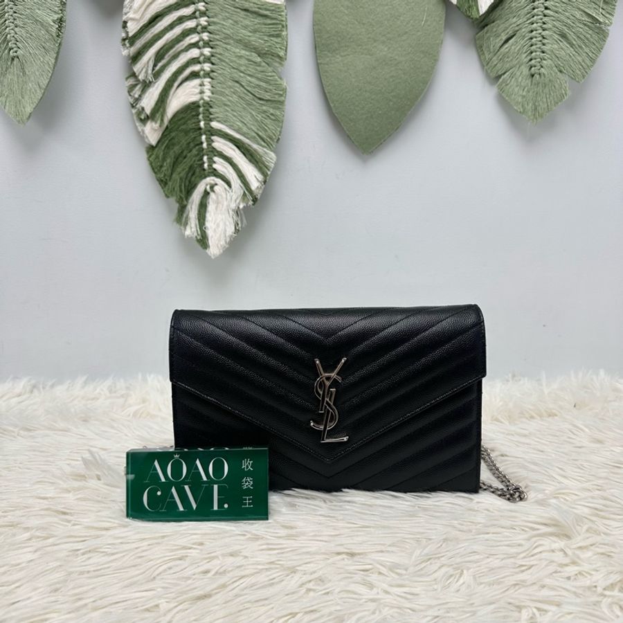 YSL 黑銀V紋荔枝皮WOC 鏈條包-0