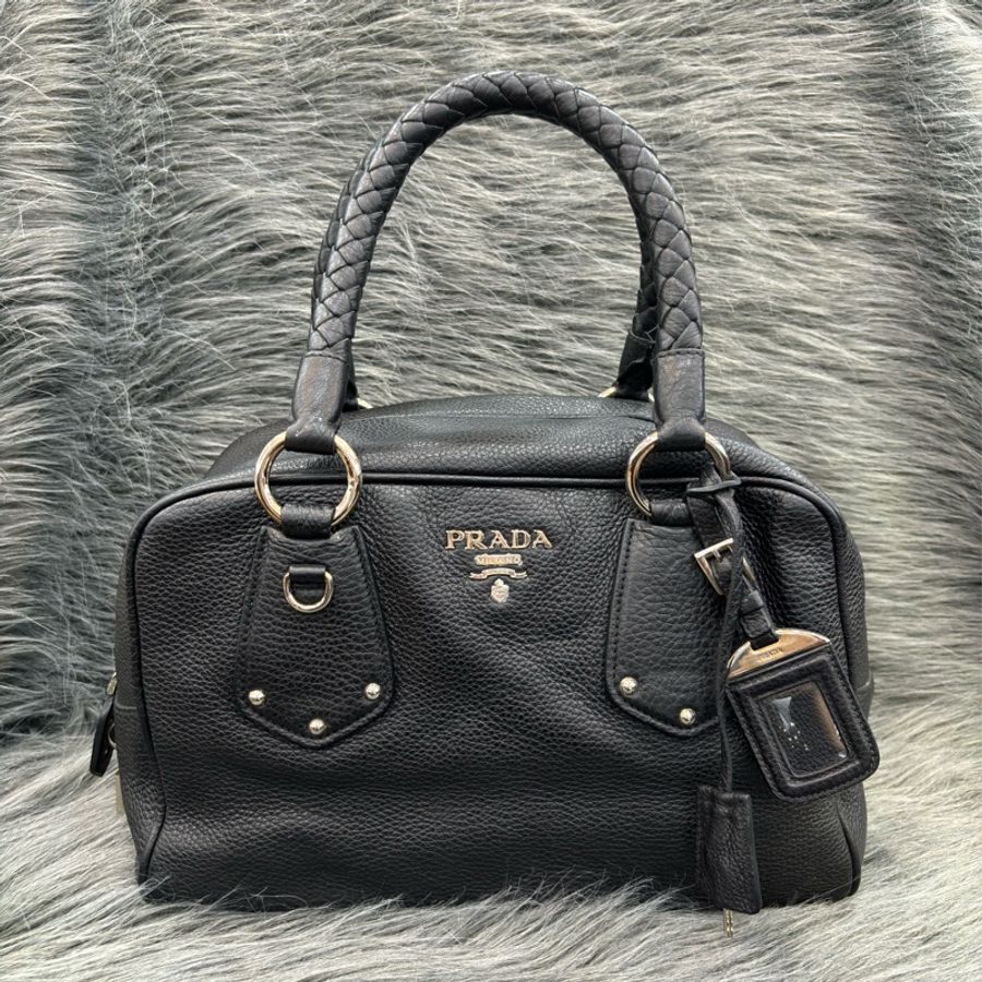 PRADA BL0310 黑色荔枝皮 銀色LOGO 編織把 拉鍊 手提包保齡球包波士頓包-0