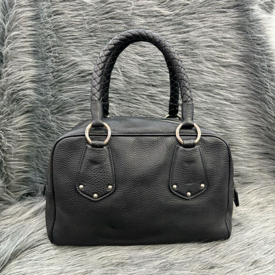 PRADA BL0310 黑色荔枝皮 銀色LOGO 編織把 拉鍊 手提包保齡球包波士頓包-3