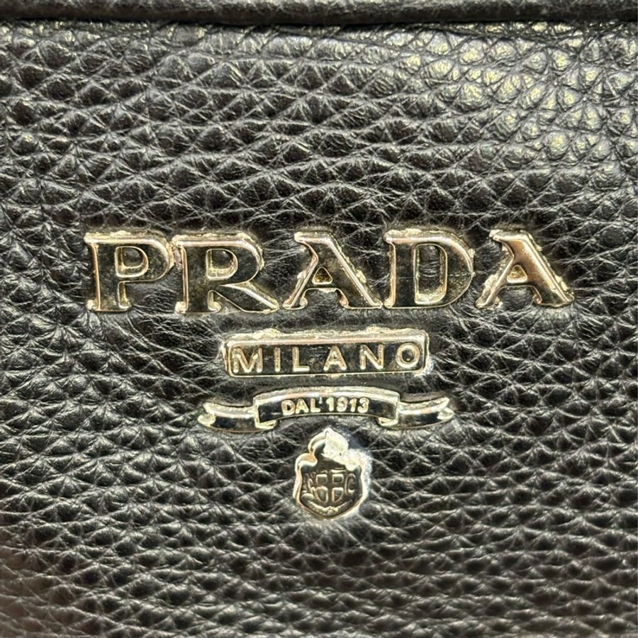 PRADA BL0310 黑色荔枝皮 銀色LOGO 編織把 拉鍊 手提包保齡球包波士頓包-7
