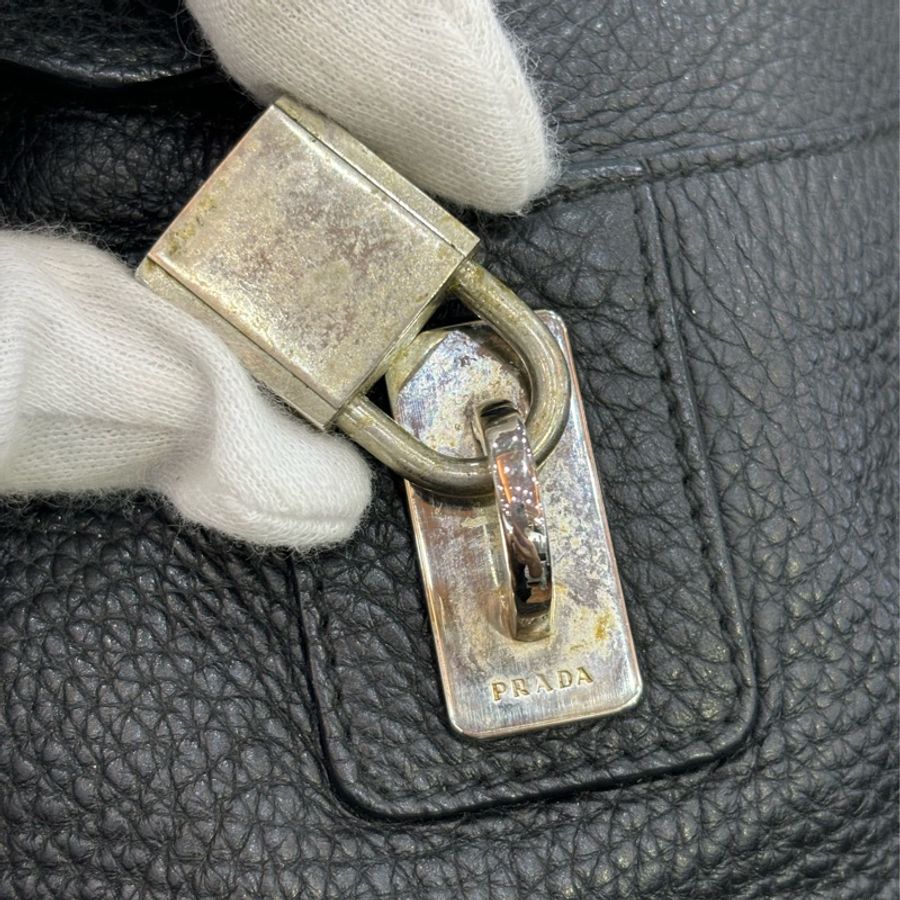 PRADA BL0310 黑色荔枝皮 銀色LOGO 編織把 拉鍊 手提包保齡球包波士頓包-14