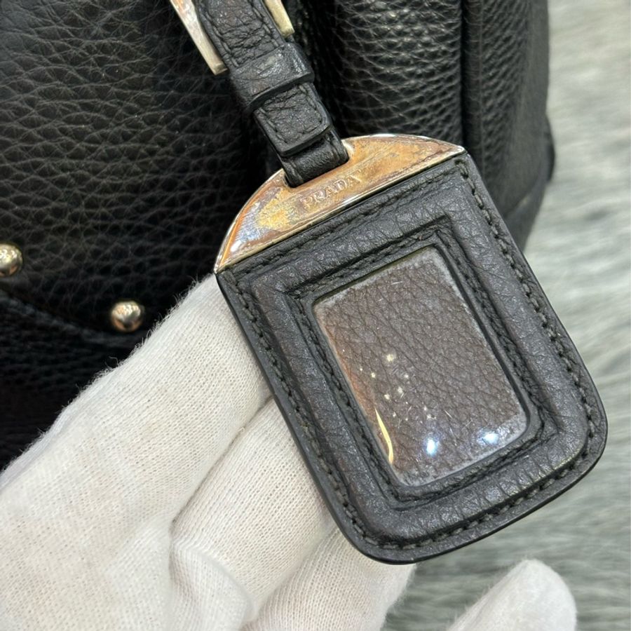 PRADA BL0310 黑色荔枝皮 銀色LOGO 編織把 拉鍊 手提包保齡球包波士頓包-16