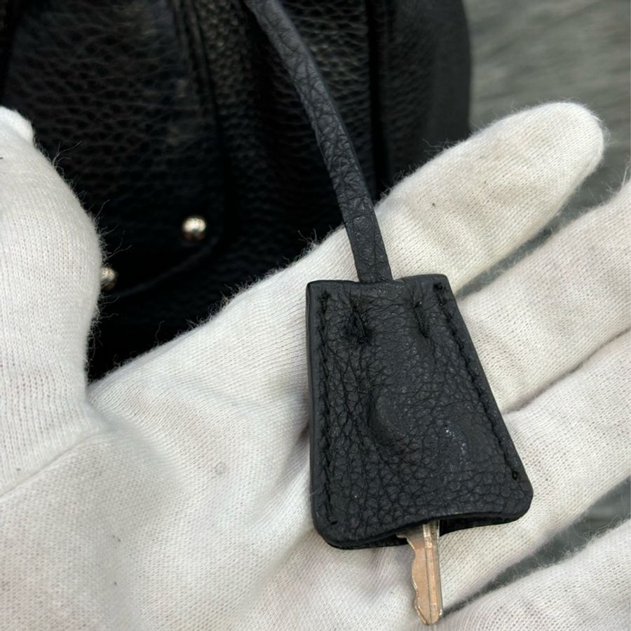 PRADA BL0310 黑色荔枝皮 銀色LOGO 編織把 拉鍊 手提包保齡球包波士頓包-17