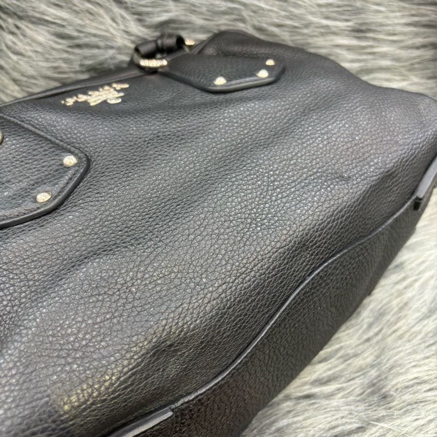 PRADA BL0310 黑色荔枝皮 銀色LOGO 編織把 拉鍊 手提包保齡球包波士頓包-24