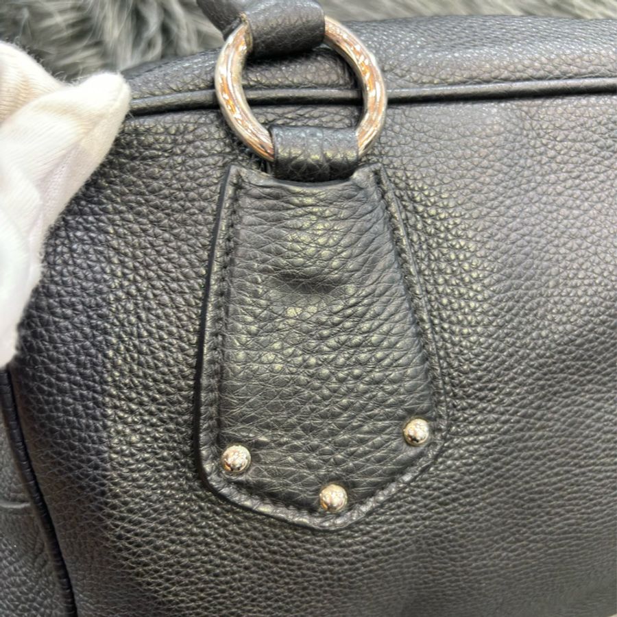 PRADA BL0310 黑色荔枝皮 銀色LOGO 編織把 拉鍊 手提包保齡球包波士頓包-31