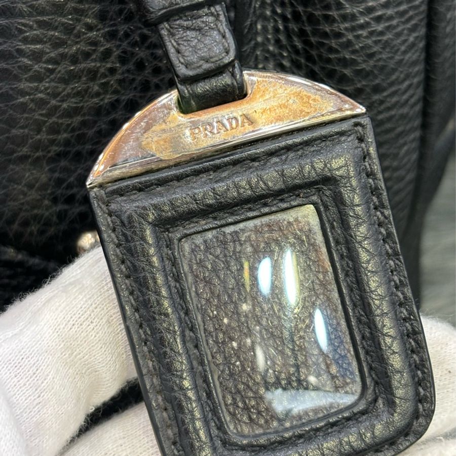 PRADA BL0310 黑色荔枝皮 銀色LOGO 編織把 拉鍊 手提包保齡球包波士頓包-36