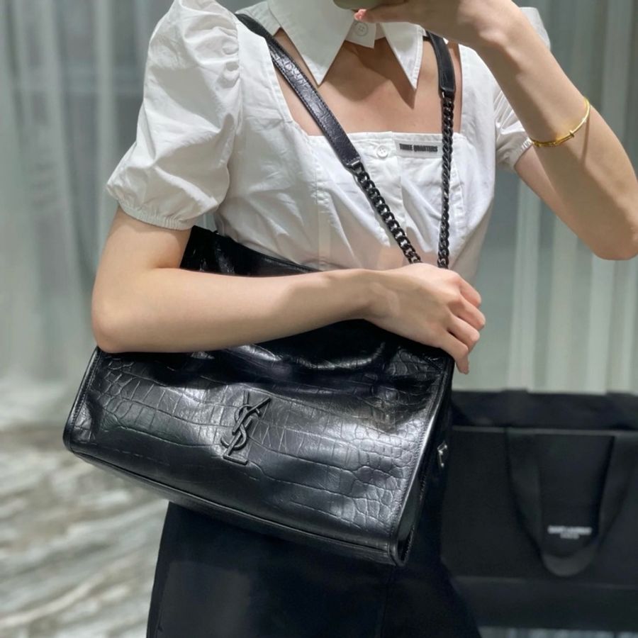 (極新💝 超稀有) YSL NIKI Shopping “so black” 鱷魚紋 托特包-4