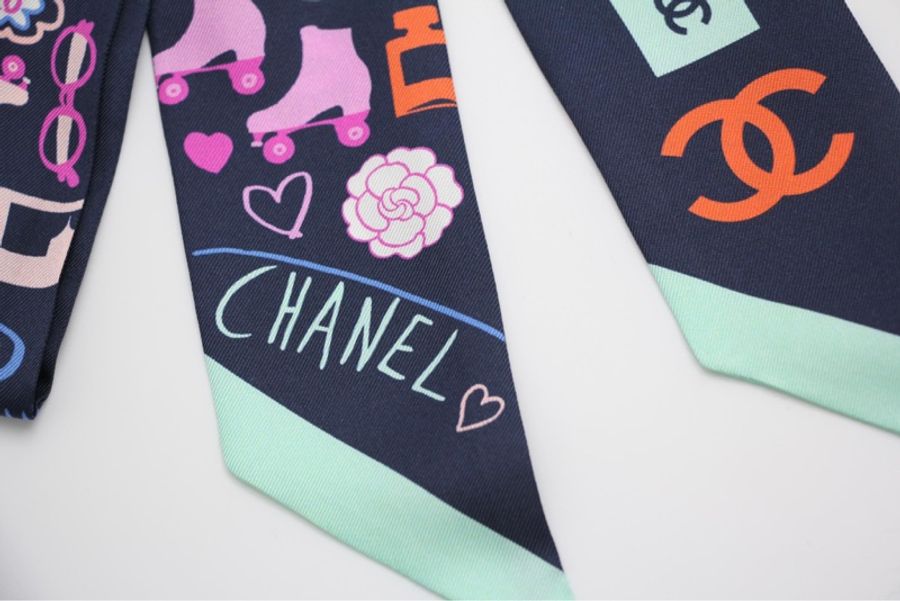 CHANEL 100% Silk Twilly CC Mark Scarf in Navy Blue-1