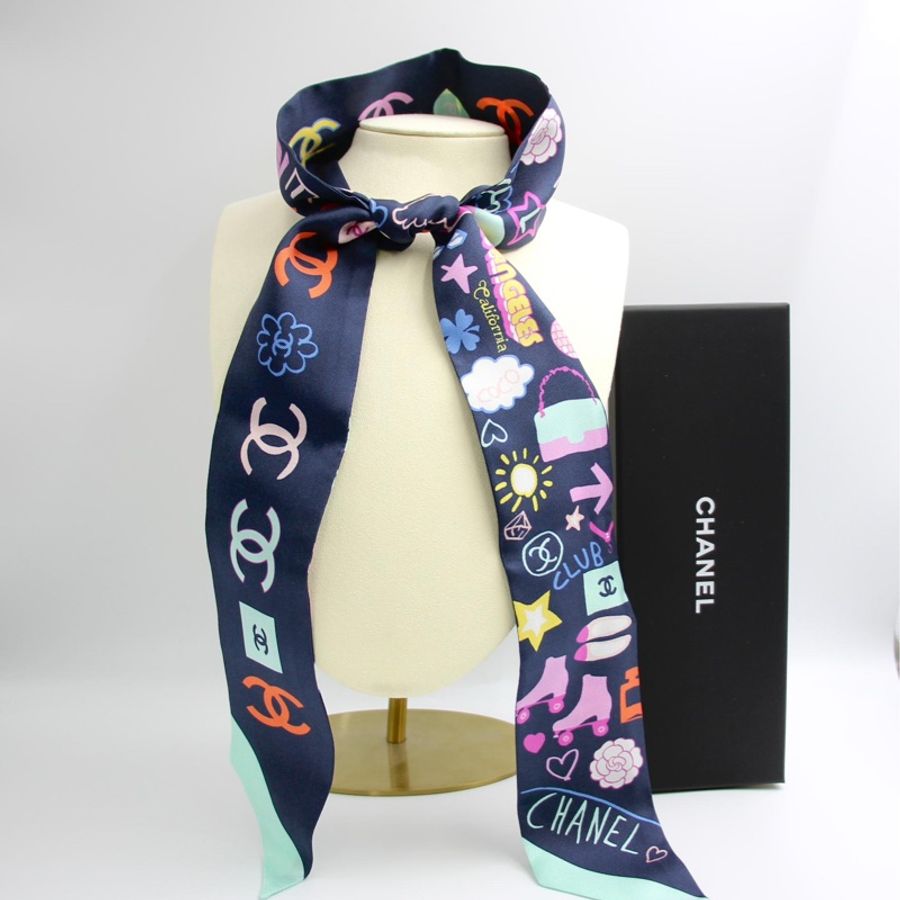 CHANEL 100% Silk Twilly CC Mark Scarf in Navy Blue-12