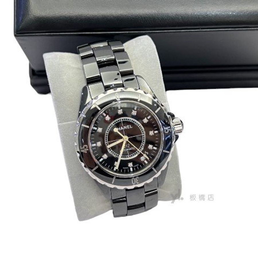 CHANEL 38MM12點鑽黑色陶瓷錶 H5702-2